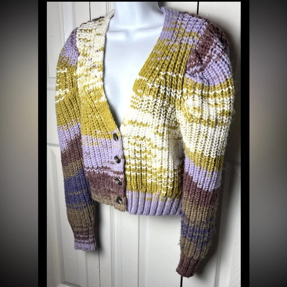 MOON RIVER Anthropologie Chunky Cardigan Sweater Boho Fuzzy Purple Green XS